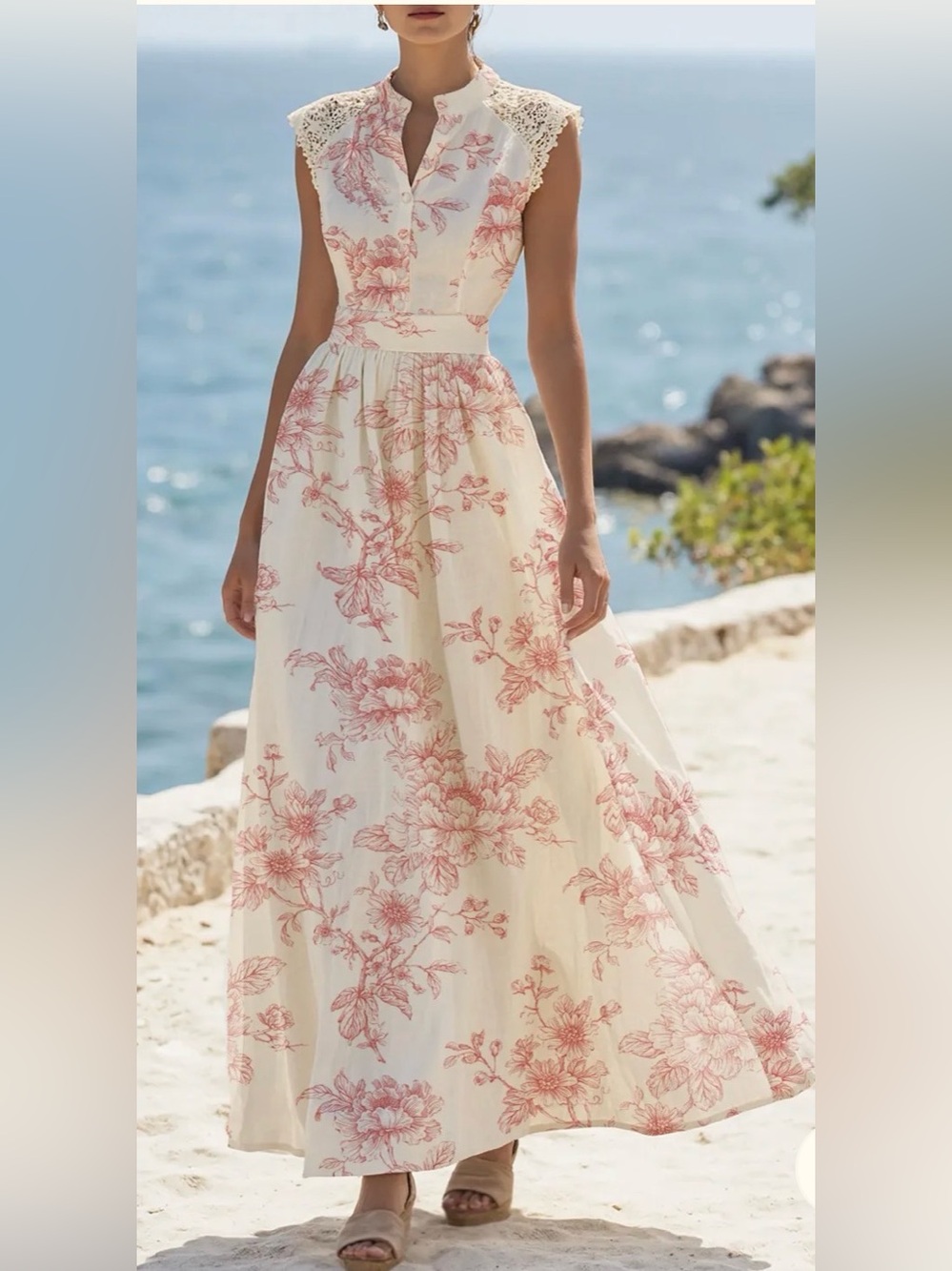 Ivory Floral Print Maxi Dress with Pink Botanical Pattern